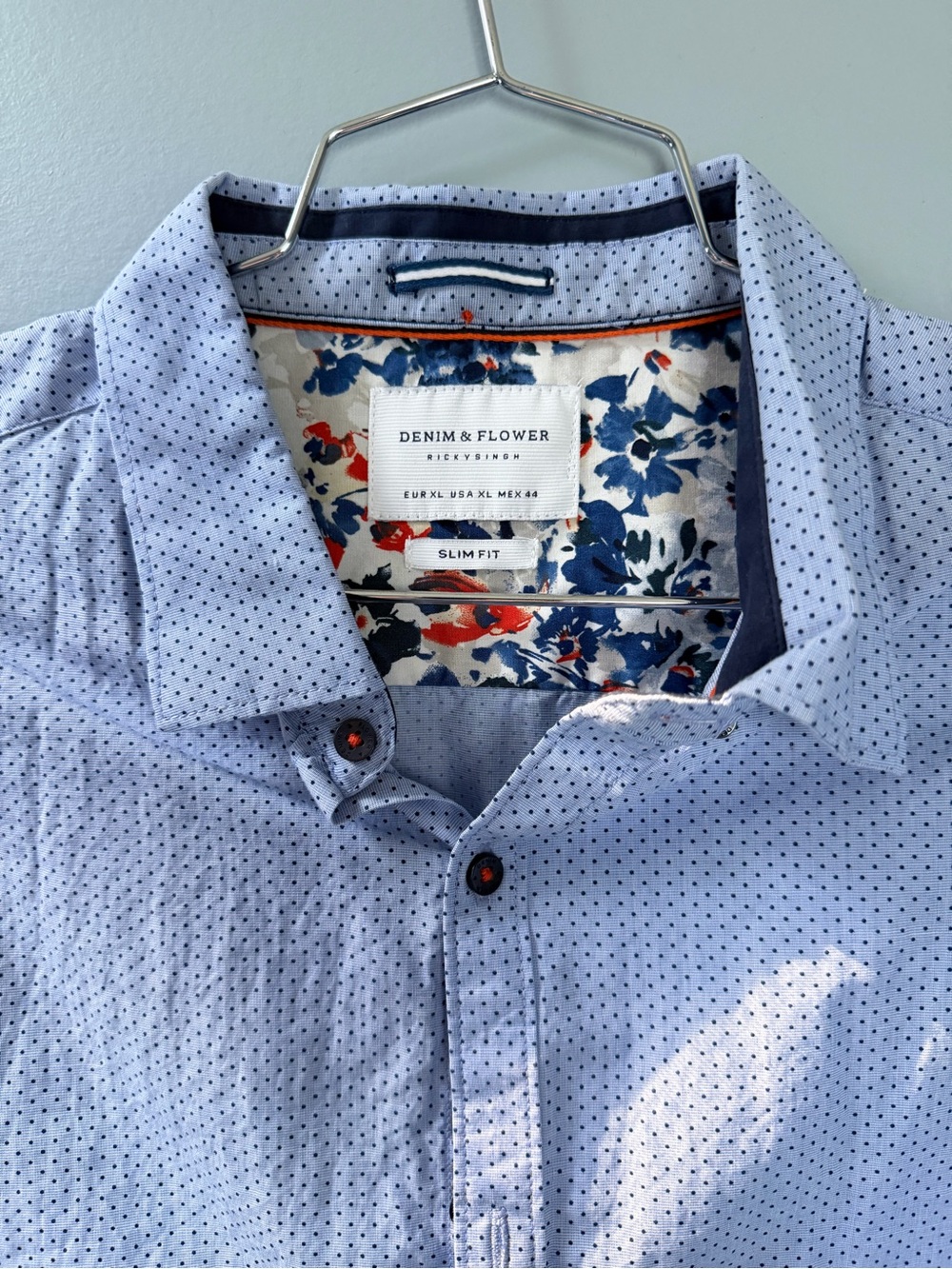 Denim & Flower Light Blue Microdot Button-Down Shirt with Floral Trim - XL
